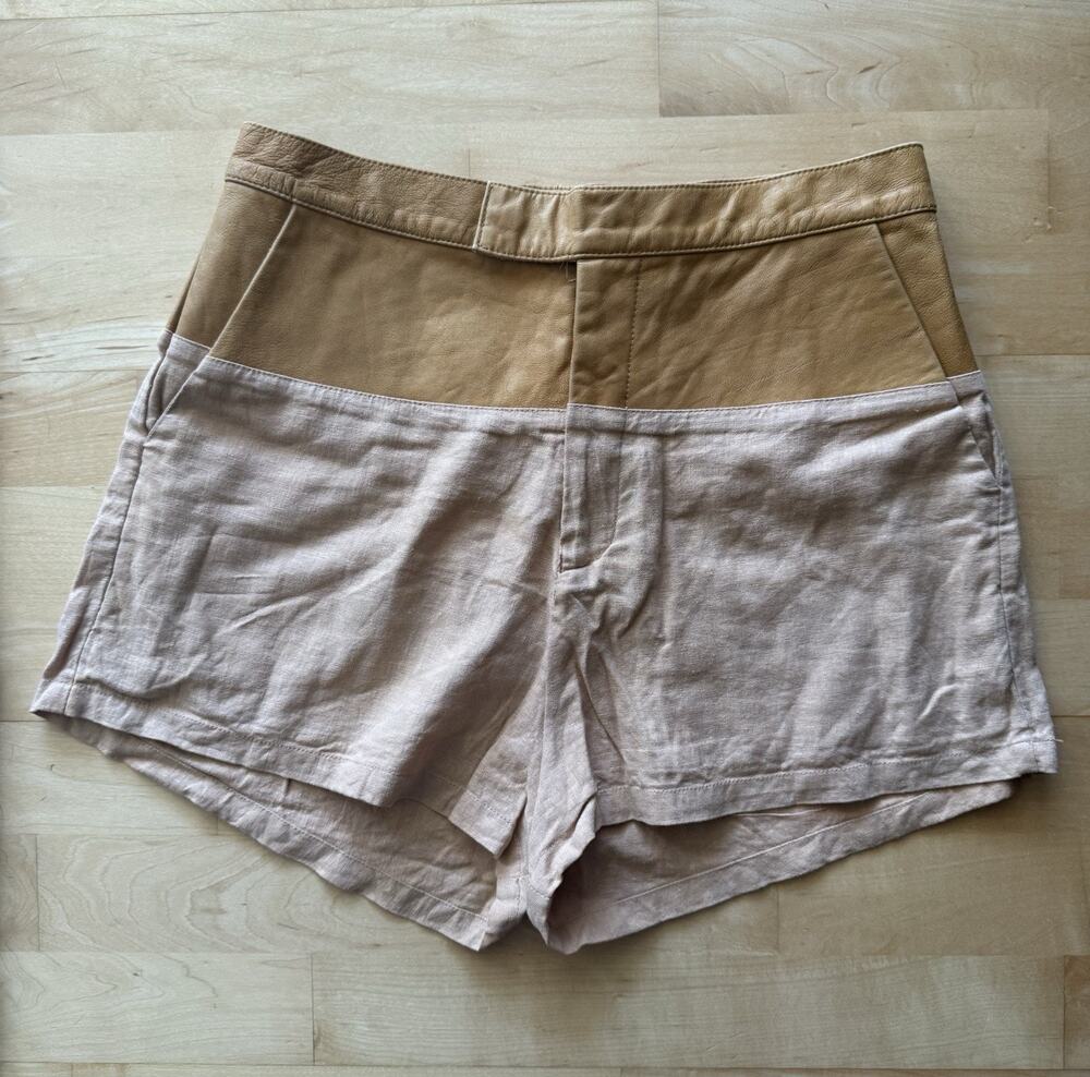 shakuhachi Tan Leather Trim Shorts Linen Cotton 28”